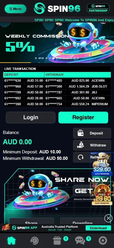 Spin96 Casino home screen on a mobile browser