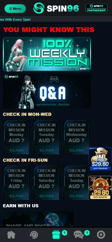 Spin96 Casino promotions screen on a mobile browser with the $25 welcome offer