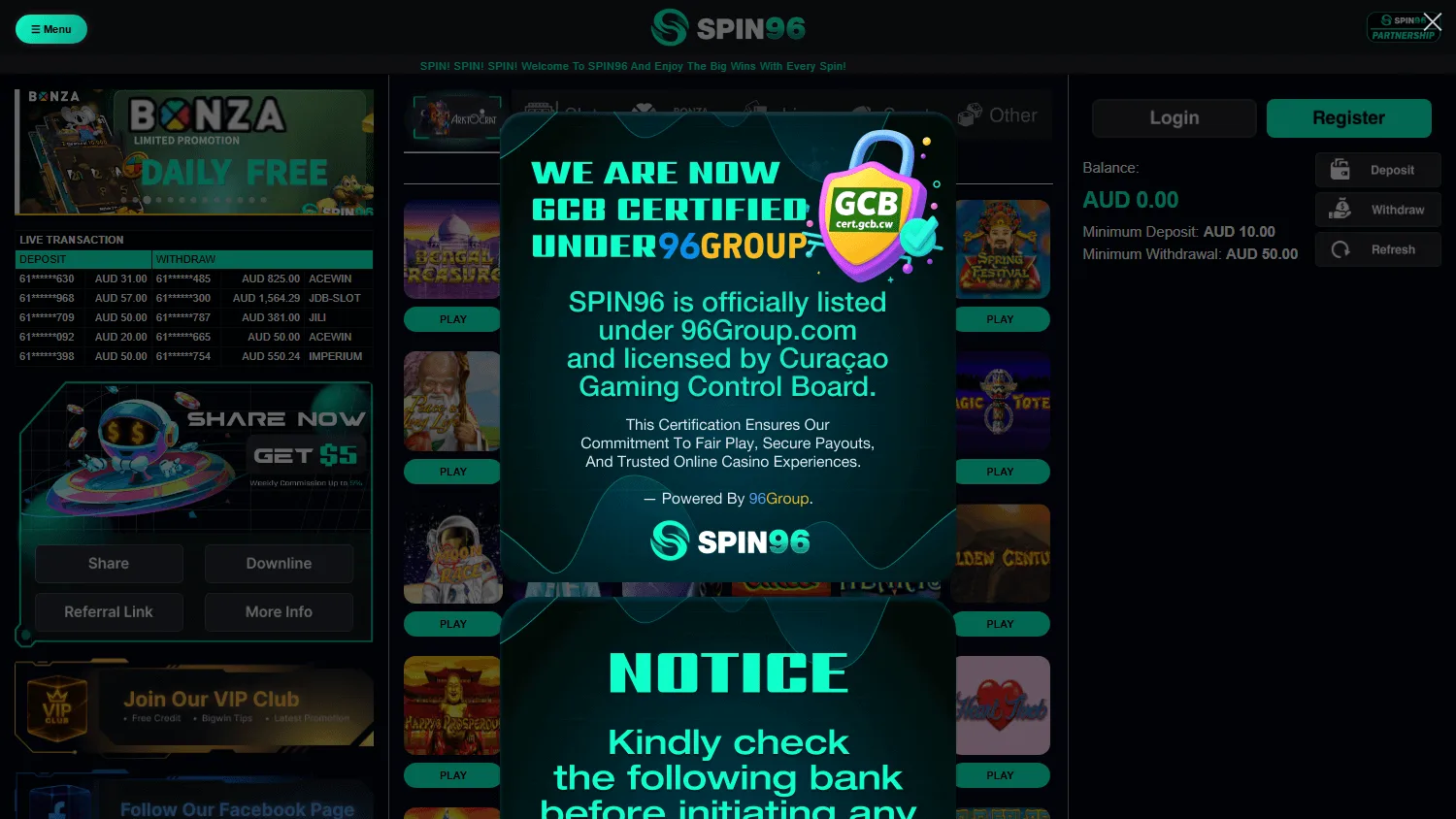 Spin96 Casino home screen on desktop with AUD casino play and welcome offer